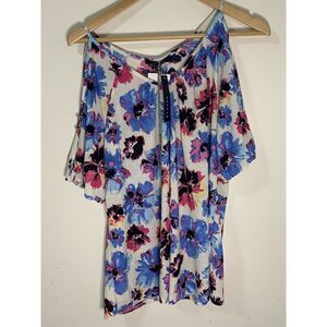 CORVIA Women Size XL Blue & Pink V-Neck Cold Shoulder Sleeve Blouse w/ Necklace